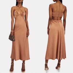 A.L.C Sienna Halter Neck Smocked Satin Midi‎ Dress Womens Size 2